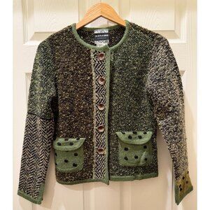 Xanadu Multicolor Patchwork Knit Cardigan Sweater With Leopard Print Buttons & S